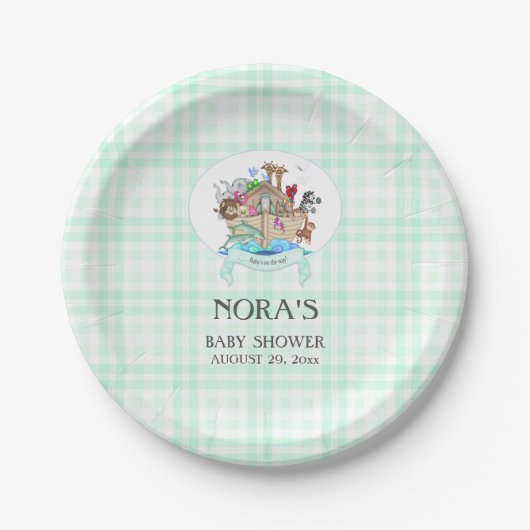 Assiettes En Carton Noah's Ark Animals Mint Green En vichy (Devant)