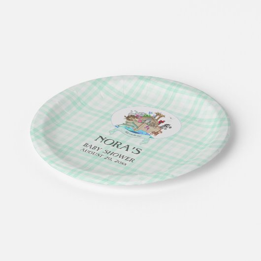 Assiettes En Carton Noah's Ark Animals Mint Green En vichy (Angle)