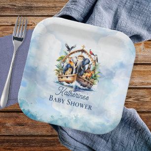 Assiettes En Carton Noah's Ark Cute Animals Blue Boy Baby shower