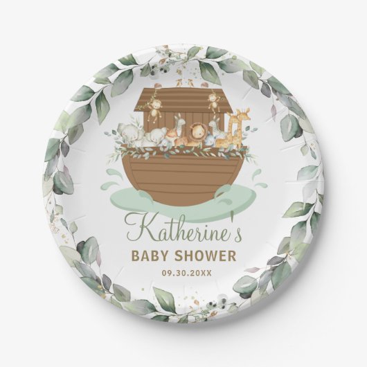 Assiettes En Carton Noah's Ark Greenery Baby shower Anniversaire Baptê (Devant)