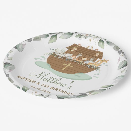Assiettes En Carton Noah's Ark Greenery Baptême Noël Anniversaire (Angle)