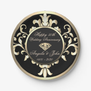 Assiettes En Carton Noces de diamant 50 ans de mariage Gold Swirls Dia