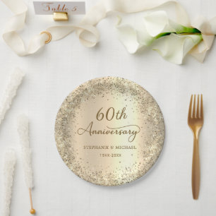 Assiettes En Carton Noces de diamant métallisé paillettes dorées 60e a