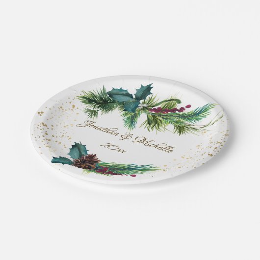 Assiettes En Carton Noël À feuillage persistant Berry rouge Mariage d' (Angle)