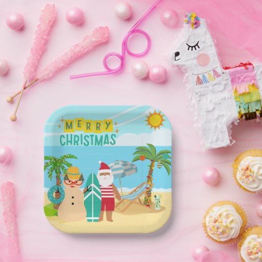 Assiettes En Carton Noël à père Noël Beach (Fête)