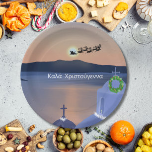 Assiettes En Carton Noël à Santorin, Grèce avec le Père Noël