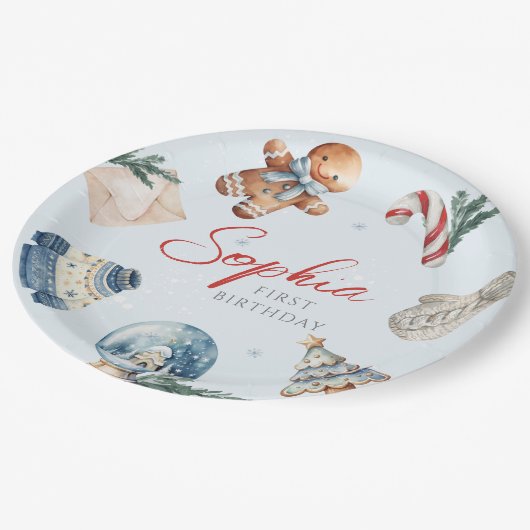 Assiettes En Carton Noël Aquarelle hiver Première fête d'anniversaire (Angle)