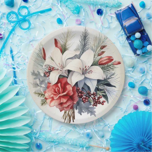 Assiettes En Carton Noël Blanc Fleurs Rouges Vacances Élégant (Fête)