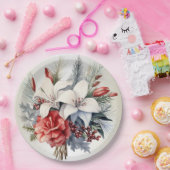 Assiettes En Carton Noël Blanc Fleurs Rouges Vacances Élégant (Fête)