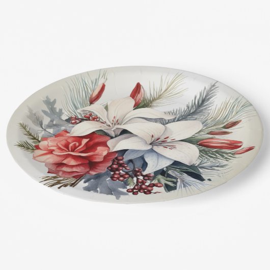 Assiettes En Carton Noël Blanc Fleurs Rouges Vacances Élégant (Angle)