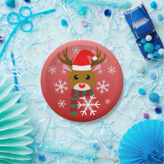 Assiettes En Carton Noël blanc Rudolph le renne à nez rouge (Fête)