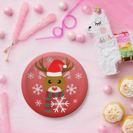 Assiettes En Carton Noël blanc Rudolph le renne à nez rouge (Fête)