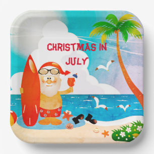 Assiettes En Carton Noël Bleu En Juillet Santa Claus Summer Beach