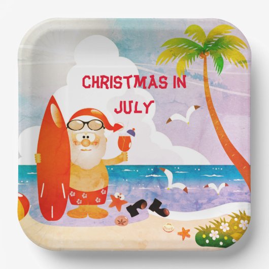 Assiettes En Carton Noël Bleu En Juillet Santa Claus Summer Beach (Recto)