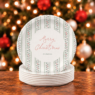 Assiettes En Carton Noël Cottagecore à rayures de houx aquarelle