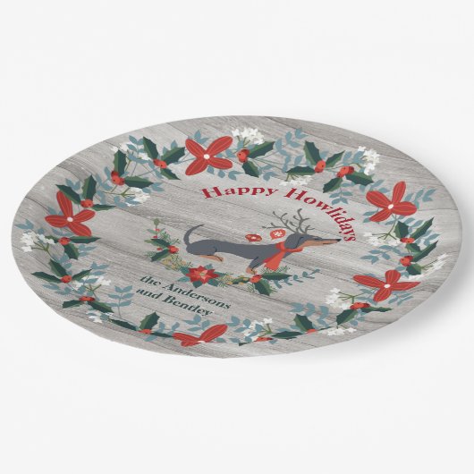 Assiettes En Carton Noël    DachshundDog Antlers Verdure rustique (Angle)