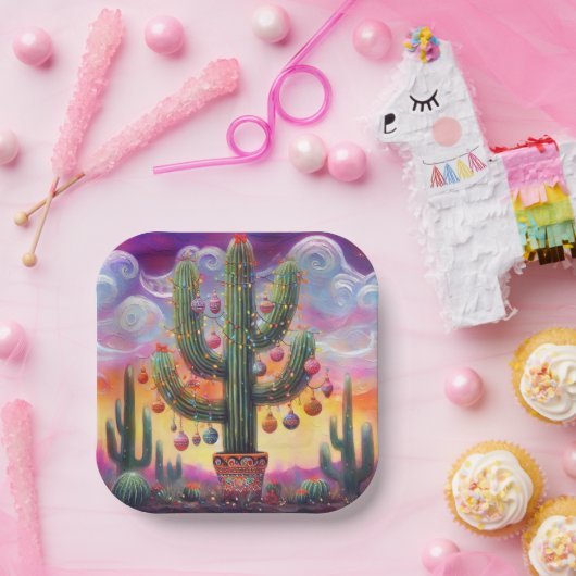 Assiettes En Carton Noël dans le désert Sud-Ouest Saguaro Cactus (Fête)