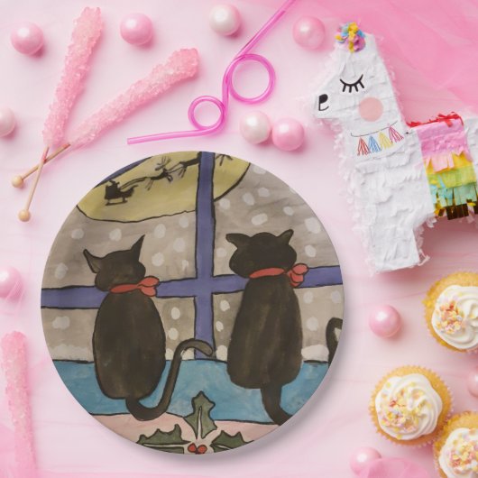 Assiettes En Carton Noël de chat noir (Fête)