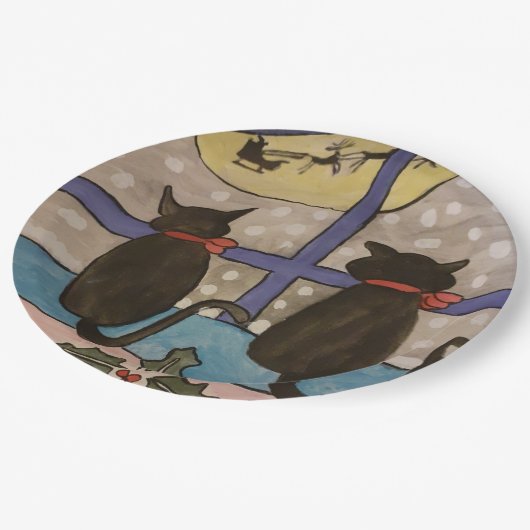 Assiettes En Carton Noël de chat noir (Angle)