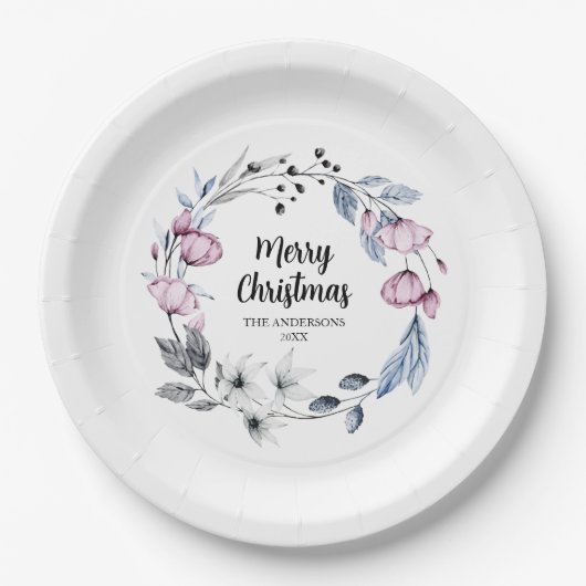 Assiettes En Carton Noël de la couronne de fleurs roses (Devant)