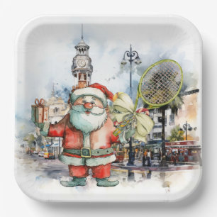 Assiettes En Carton Noël de tennis avec le Père Noël avec raquette