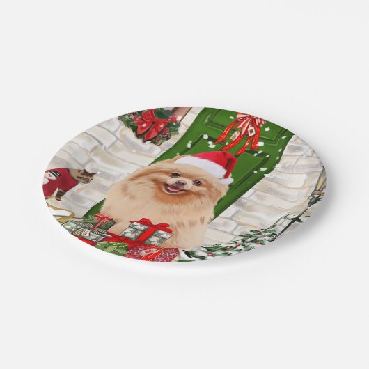 Assiettes En Carton Noël du chien de Poméranie (Angle)