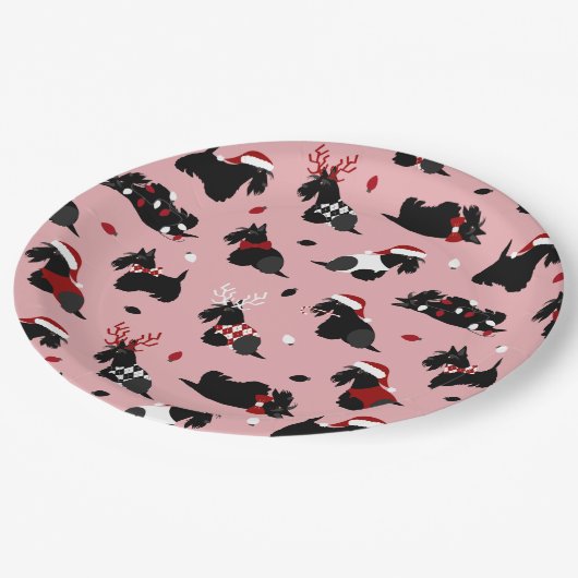Assiettes En Carton Noël écossais Terrier rose (Angle)