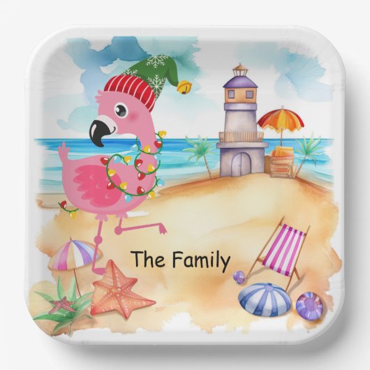 Assiettes En Carton Noël en juillet avec PÈRE NOËL flamingo (Recto)