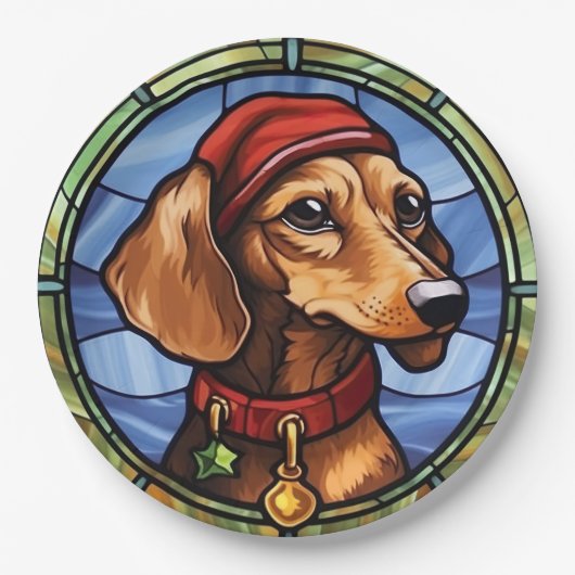 Assiettes En Carton Noël en verre teint Dachshund (Devant)