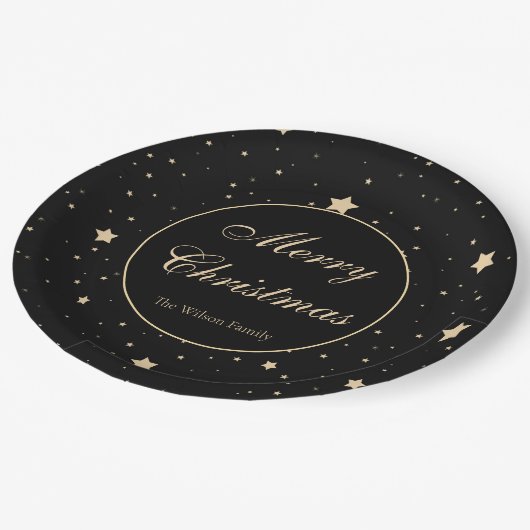 Assiettes En Carton Noël étoilé noir et or personnalisé (Angle)