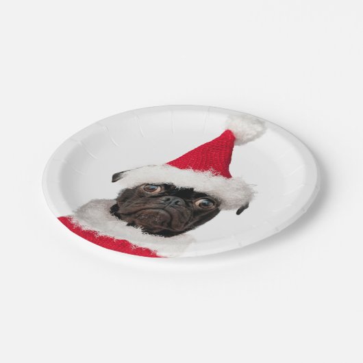 Assiettes En Carton Noël Festif mignon Carlin noir Santa Hat (Angle)