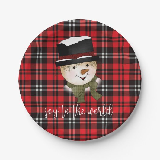 Assiettes En Carton Noël Fêtes Rouge et Noir Tartan Snowman (Devant)