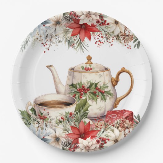 Assiettes En Carton Noël Floral Tea Fête (Devant)