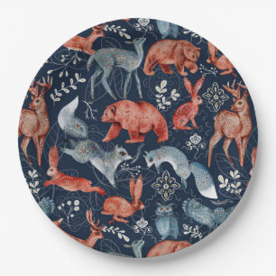 Assiettes En Carton Noël Folk Magique Animaux Botaniques