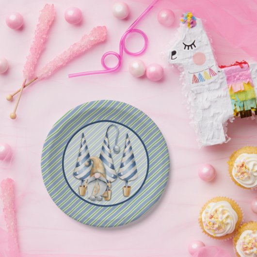 Assiettes En Carton Noël Gnome sur Blue Stripes Fête (Fête)