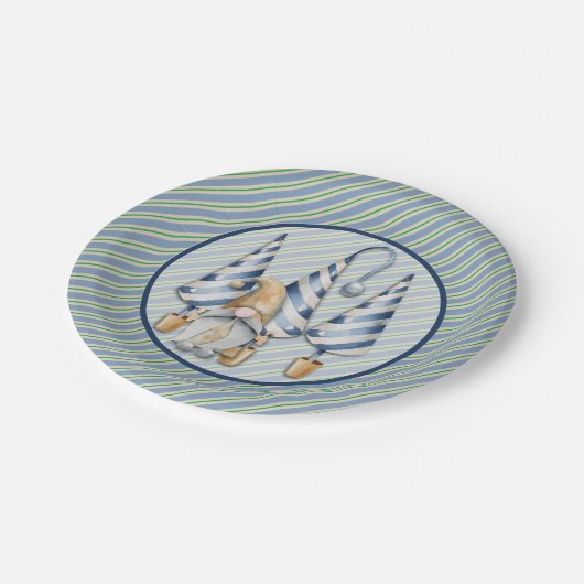 Assiettes En Carton Noël Gnome sur Blue Stripes Fête (Angle)