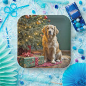 Assiettes En Carton Noël Golden Retriever avec des cadeaux (Fête)