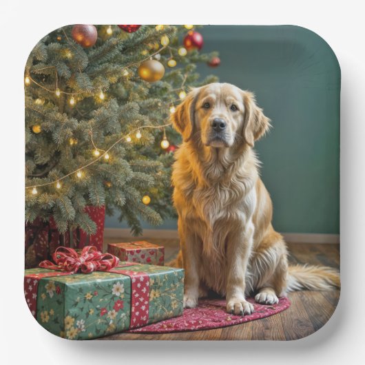 Assiettes En Carton Noël Golden Retriever avec des cadeaux (Recto)