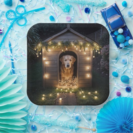 Assiettes En Carton Noel Golden Retriever dans Doghouse (Fête)