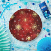 Assiettes En Carton Noël Golden Snowflakes sur Arrière - plan rouge (Fête)