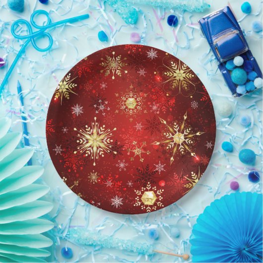 Assiettes En Carton Noël Golden Snowflakes sur Arrière - plan rouge (Fête)