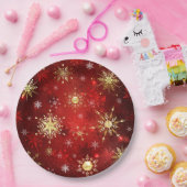 Assiettes En Carton Noël Golden Snowflakes sur Arrière - plan rouge (Fête)