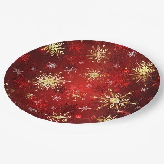 Assiettes En Carton Noël Golden Snowflakes sur Arrière - plan rouge (Angle)