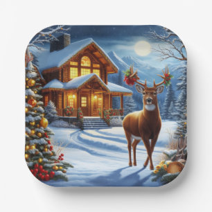 Assiettes En Carton Noël/Hiver Deer Lodge