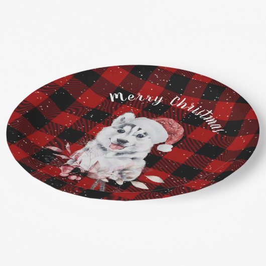 Assiettes En Carton Noël Husky sur Buffalo Plaid (Angle)