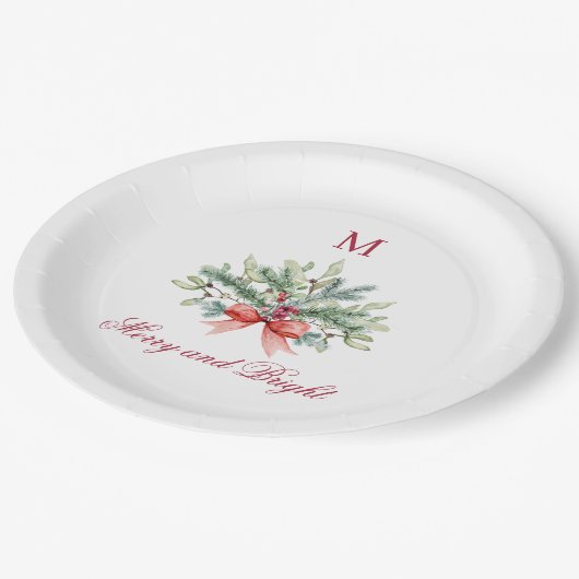 Assiettes En Carton Noël Joyeux et Rouge clair Monogramme Vert (Angle)
