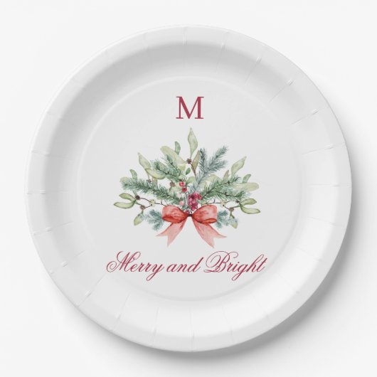 Assiettes En Carton Noël Joyeux et Rouge clair Monogramme Vert (Devant)