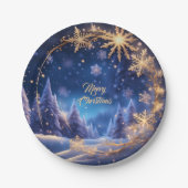 Assiettes En Carton Noël magique - flocons de neige dorés sur bleu (Devant)