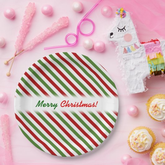 Assiettes En Carton Noël ; Motif rayé rouge, blanc et vert (Fête)