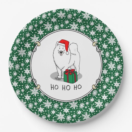 Assiettes En Carton Noël Père Noël Casquette Samoyé Chien mignonne (Devant)